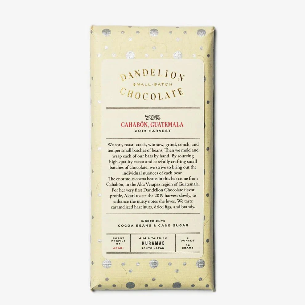 Dandelion Chocolate Japan - Cahabón, Guatemala 70% 2019 Harvest Single-Origin Chocolate Bar