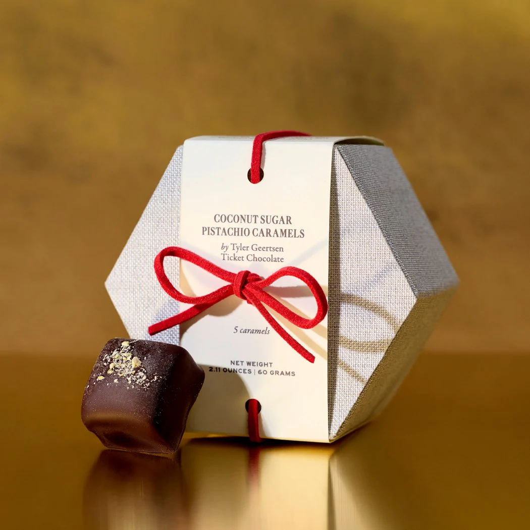 Coconut Sugar Pistachio Caramels - Ticket Chocolate