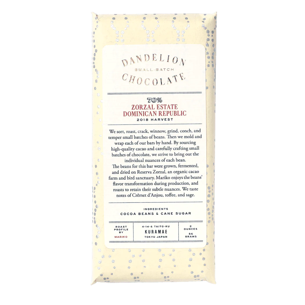 Dandelion Chocolate Japan - Zorzal Estate, Dominican Republic 70% 2018 Harvest Single-Origin Chocolate Bar