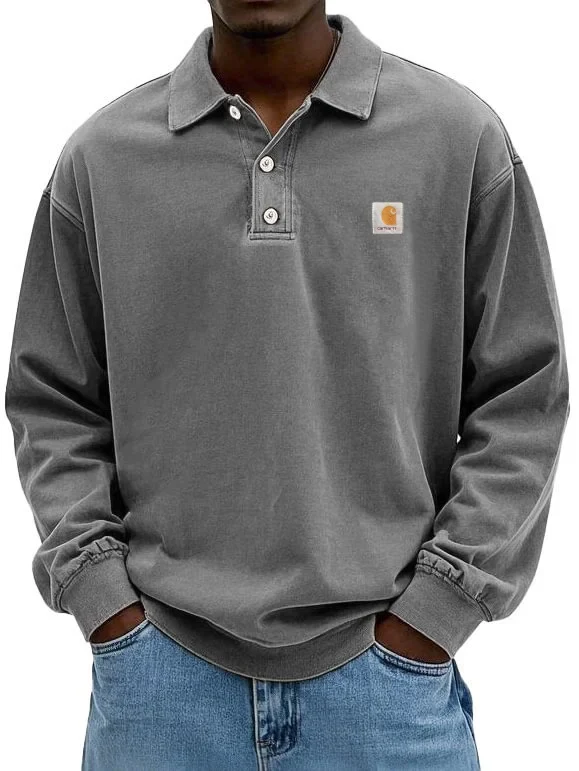 Men's fashion retro washed distressed cotton lapel long-sleeved Polo shirt