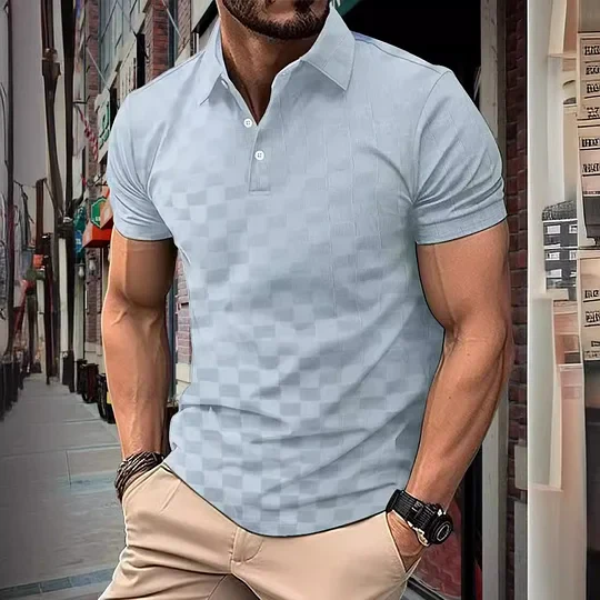 Ice Silk Plaid Jacquard Lapel Short Sleeve Polo Shirt