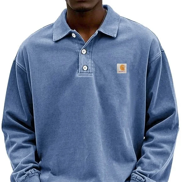 Men's fashion retro washed distressed cotton lapel long-sleeved Polo shirt