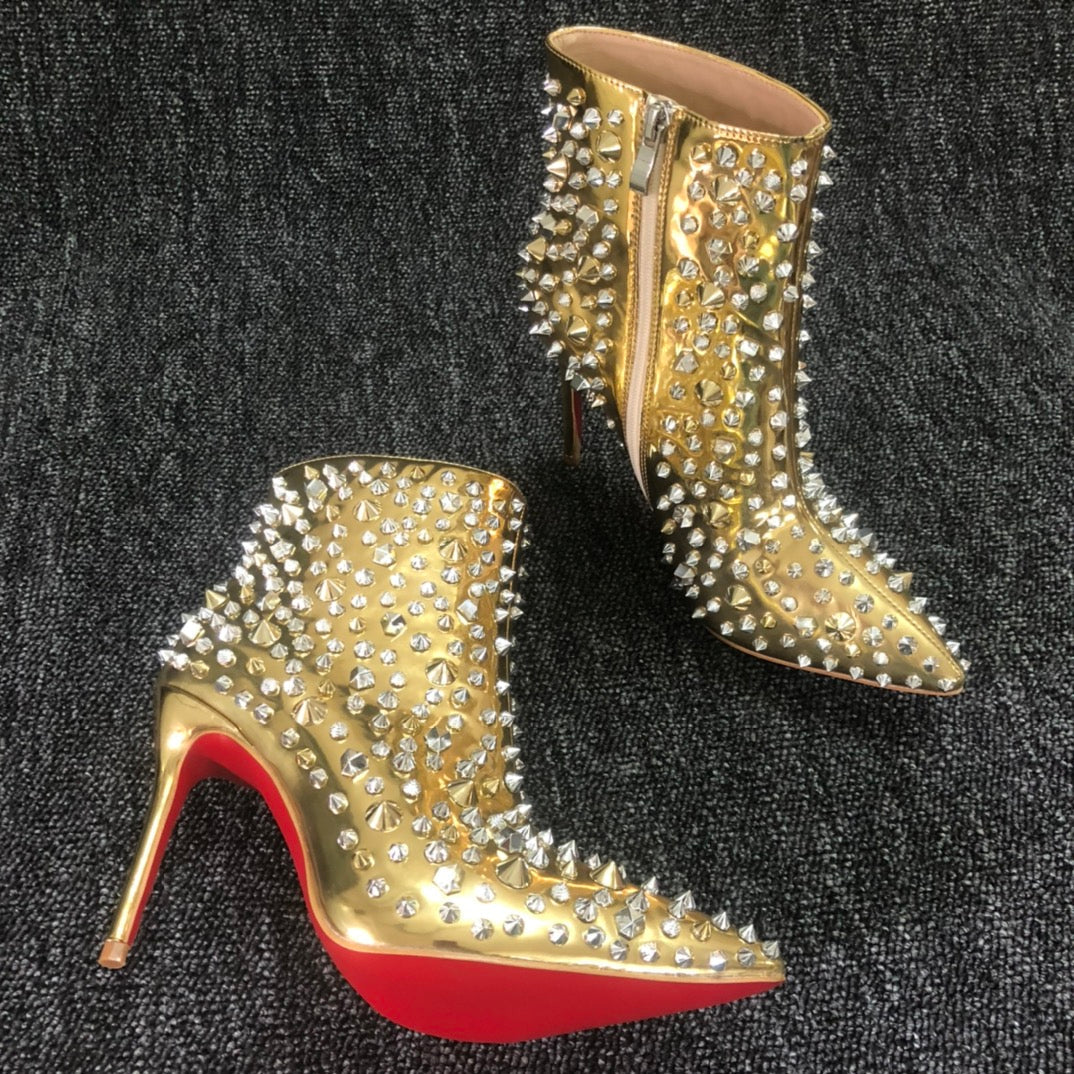 Loubouti* 1: 1 VIP latest red-soled high-heeled shoes, women's short boots, gold rivets