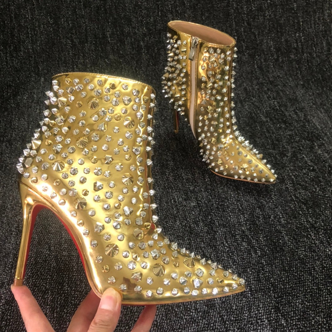 Loubouti* 1: 1 VIP latest red-soled high-heeled shoes, women's short boots, gold rivets