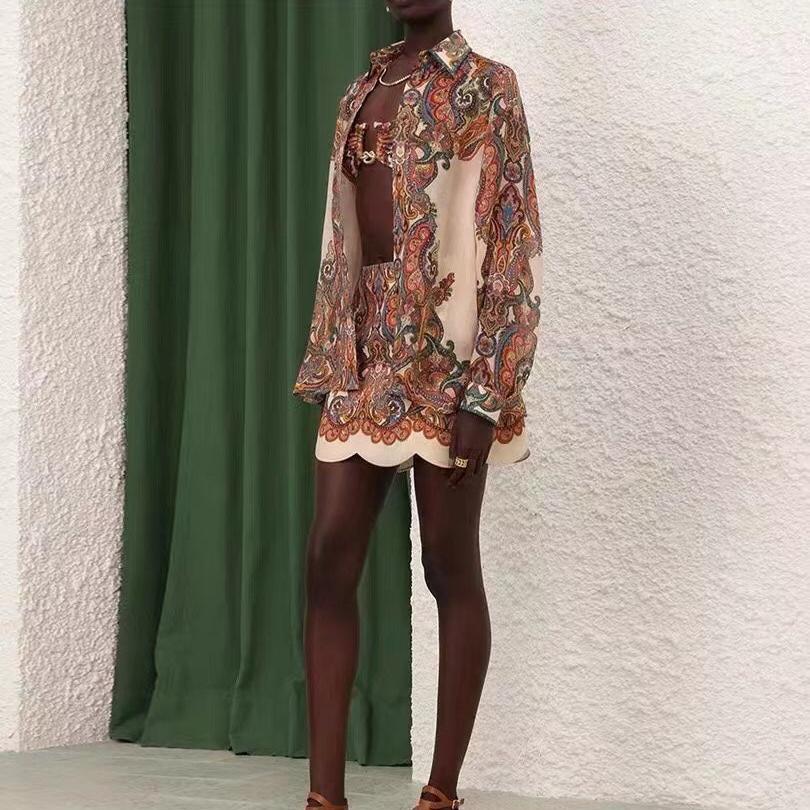 ZIM****-New suit, retro pattern printed long-sleeved shirt + wavy short skirt dress