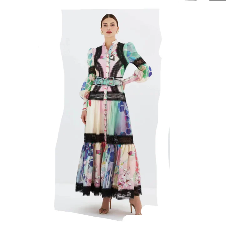 ZIM**** new color matching printed lace patchwork waist long sleeve dress, with belt, with suspender lining,