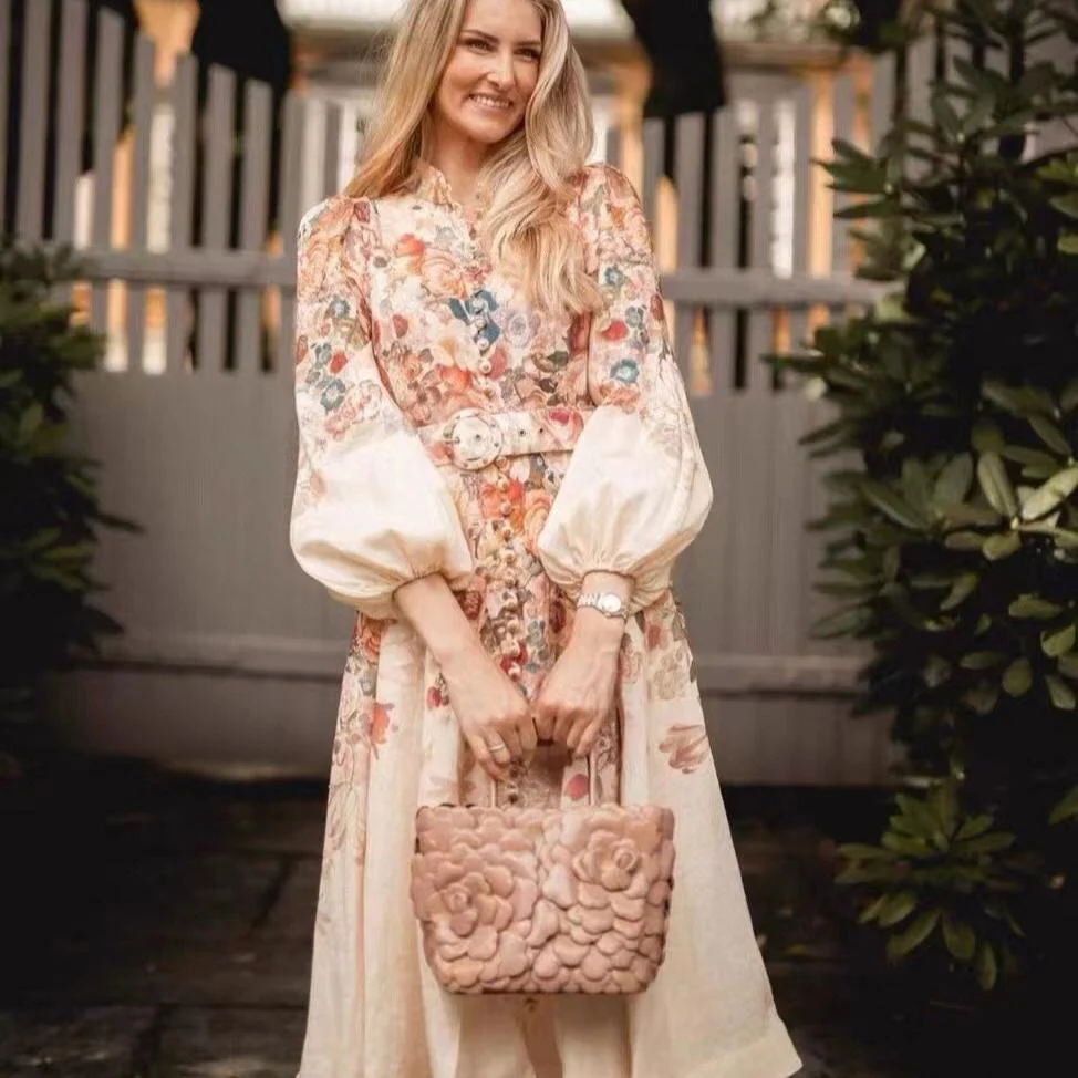 Zimmermann's newest rose flower print long-sleeved dress with belt, pink
