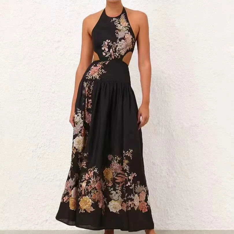 ZIM* Printed Sexy Backless Waist Halter Neck Tank Dress