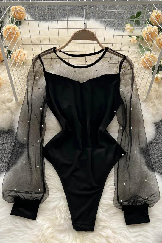 Women Gauze Knit Long Sleeve Bodysuit