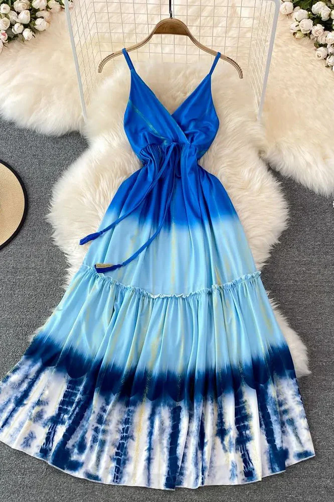 Fashion Tie Dye Print Long Dress Women Elegant High Waist Backless Straps Beach Dress