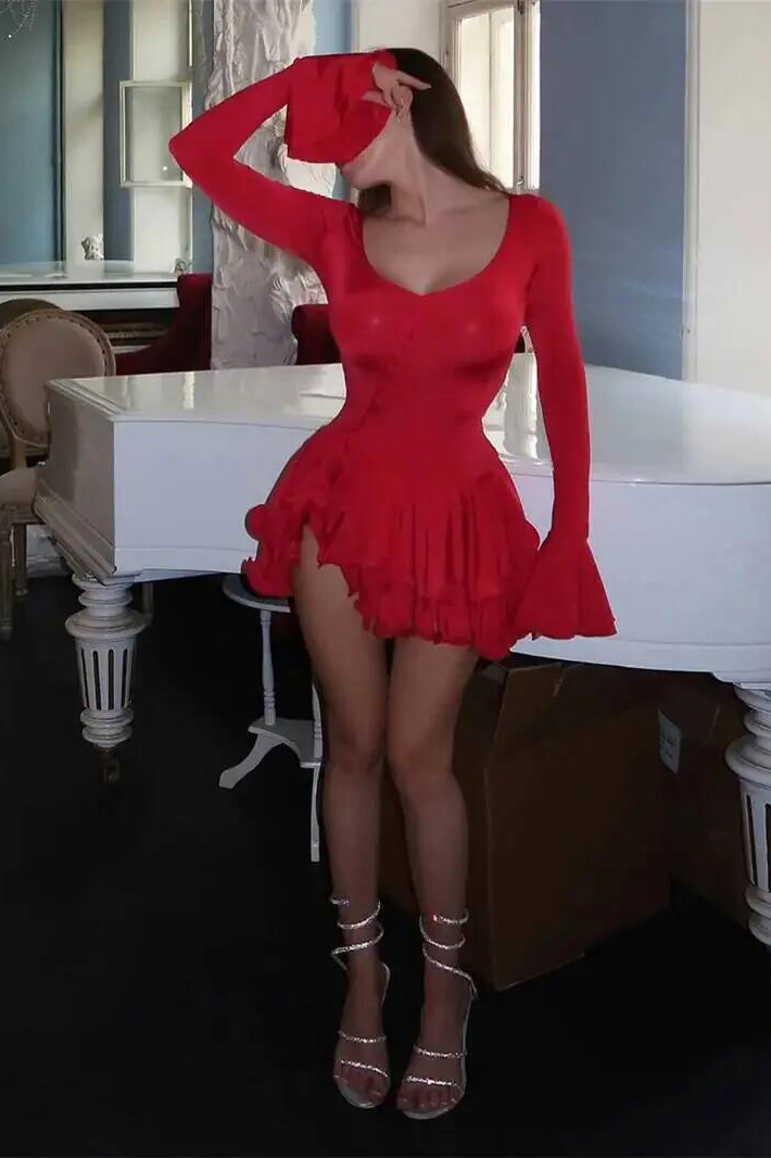 Flare Sleeve Ruffle Sexy V Neck Mini Dress Women Robe Irregular Single-breasted High Waist Slim A-line Club Dress