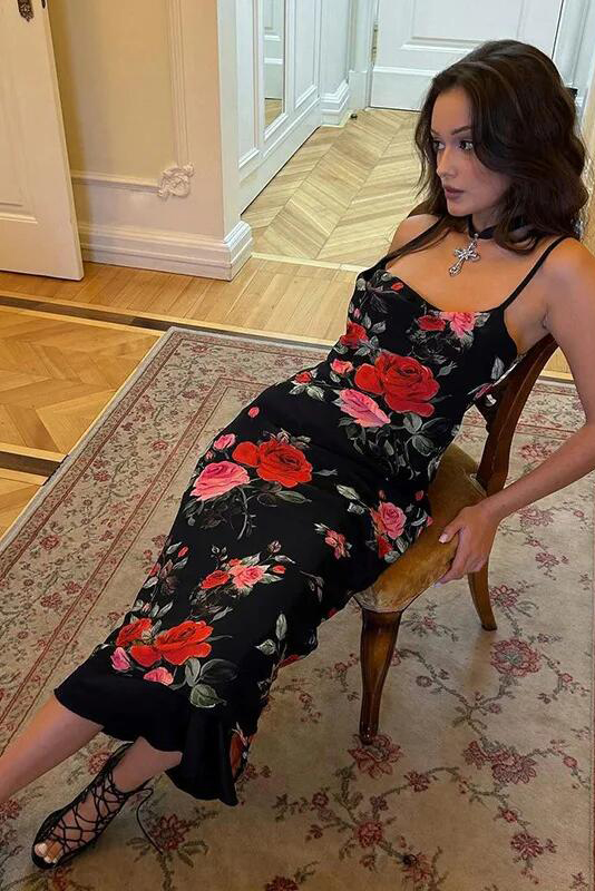 Flowers Print Spaghetti Strap Dresses Women Temperament Package Hip Bodycon Long Dress Fashion Sexy Backless Lady Slim Vestidos