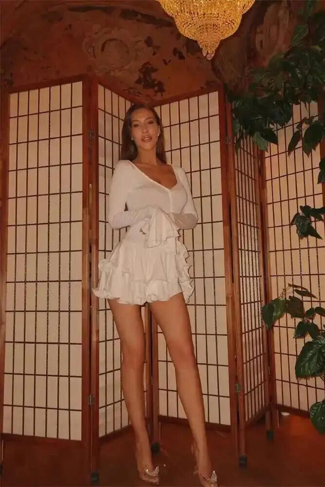 Flare Sleeve Ruffle Sexy V Neck Mini Dress Women Robe Irregular Single-breasted High Waist Slim A-line Club Dress