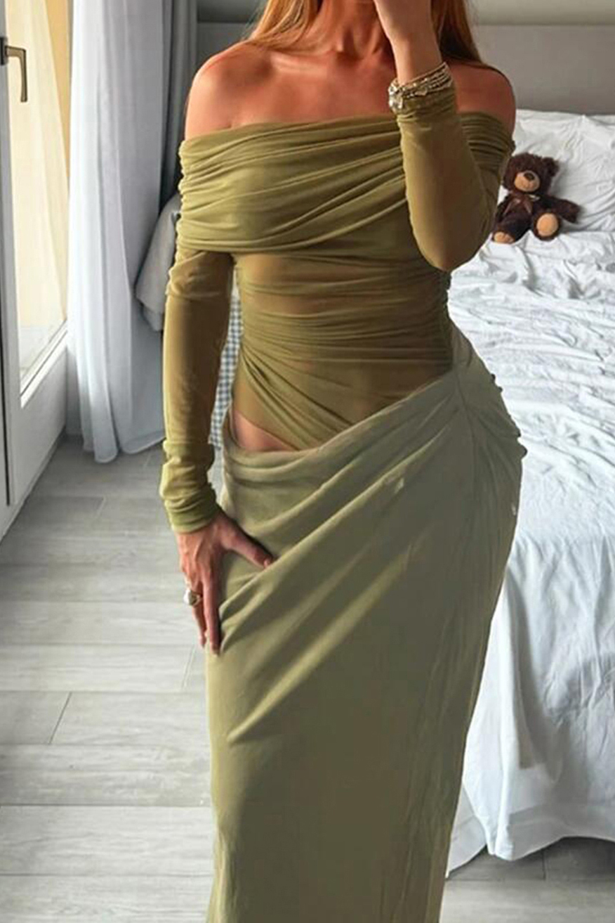 Cutenew Mesh Ruched Women Maxi Dress Sexy See Through Off Shoulder Long Sleeve Sheath Vestidos Female Midnight Party Solid Robe