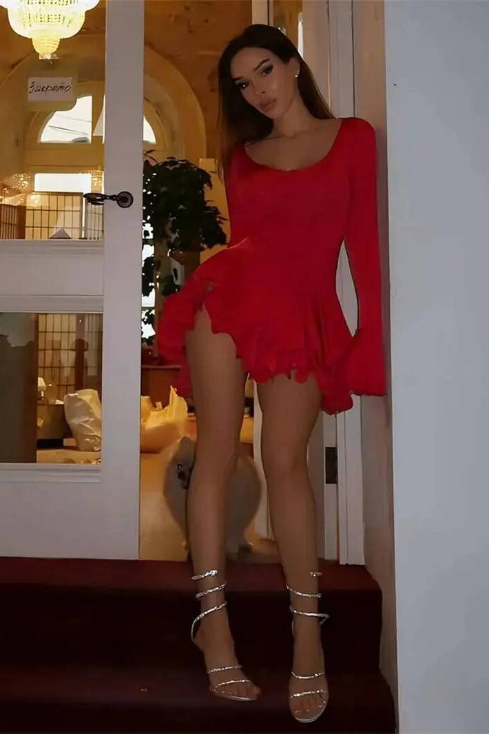 Flare Sleeve Ruffle Sexy V Neck Mini Dress Women Robe Irregular Single-breasted High Waist Slim A-line Club Dress