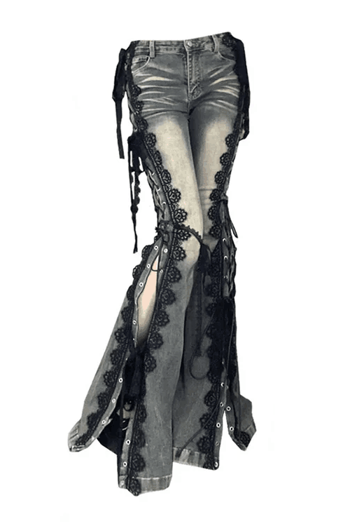 Low Rise Split Bootcut Pants Women Eyelets Lace Up Flare Jeans Retro Stitch Lace Slim Bell Bottoms Streetwear