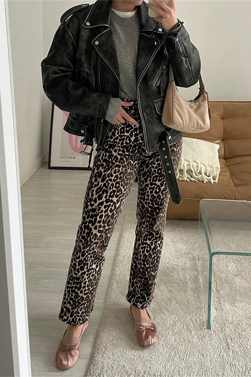 Vintage Leopard Jeans Women Denim Pants Female Oversize Casual Wide Leg Trousers Streetwear Hip Hop Clothes Loose Y2K
