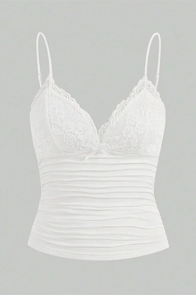 Sexy Contrast Lace Bow Front Crop Cami Top Women Clothes Ruched Skinny Backless Tee Shirt ﻿