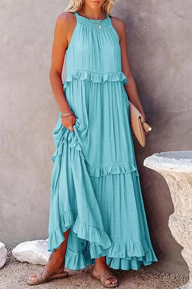 Women Casual Solid Ruffles Long Dress Summer Elegant Sleeveless Sundress Elegant Harajuku Maxi Dress Beach Party Evening Vestido