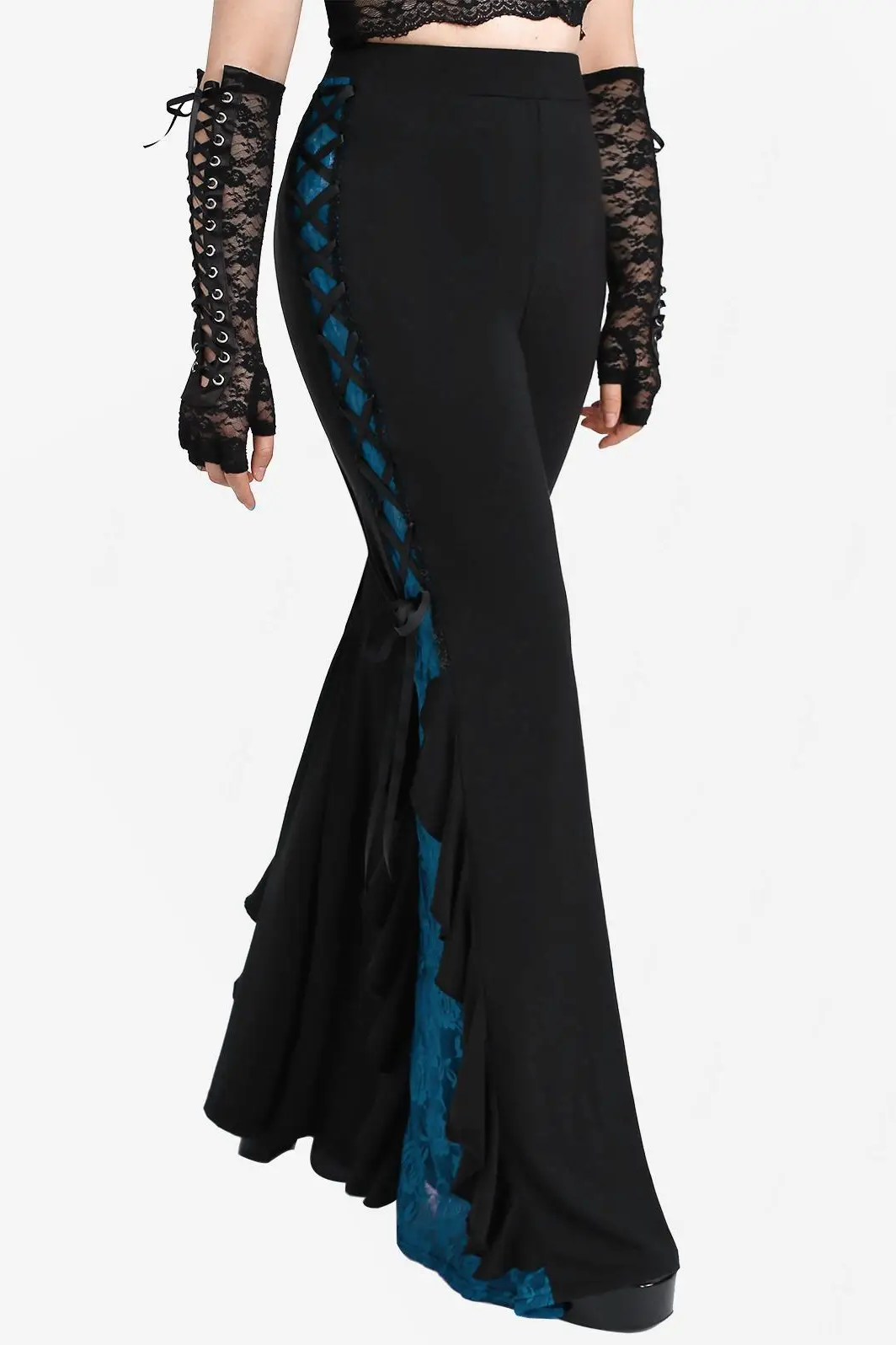 Gothic Lace Panel Lace-up Ruffle Flare Pant Women Streetwear Elastic Waist Pull On Pant Colorblock Bell Bottom