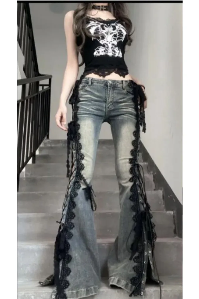 Low Rise Split Bootcut Pants Women Eyelets Lace Up Flare Jeans Retro Stitch Lace Slim Bell Bottoms Streetwear