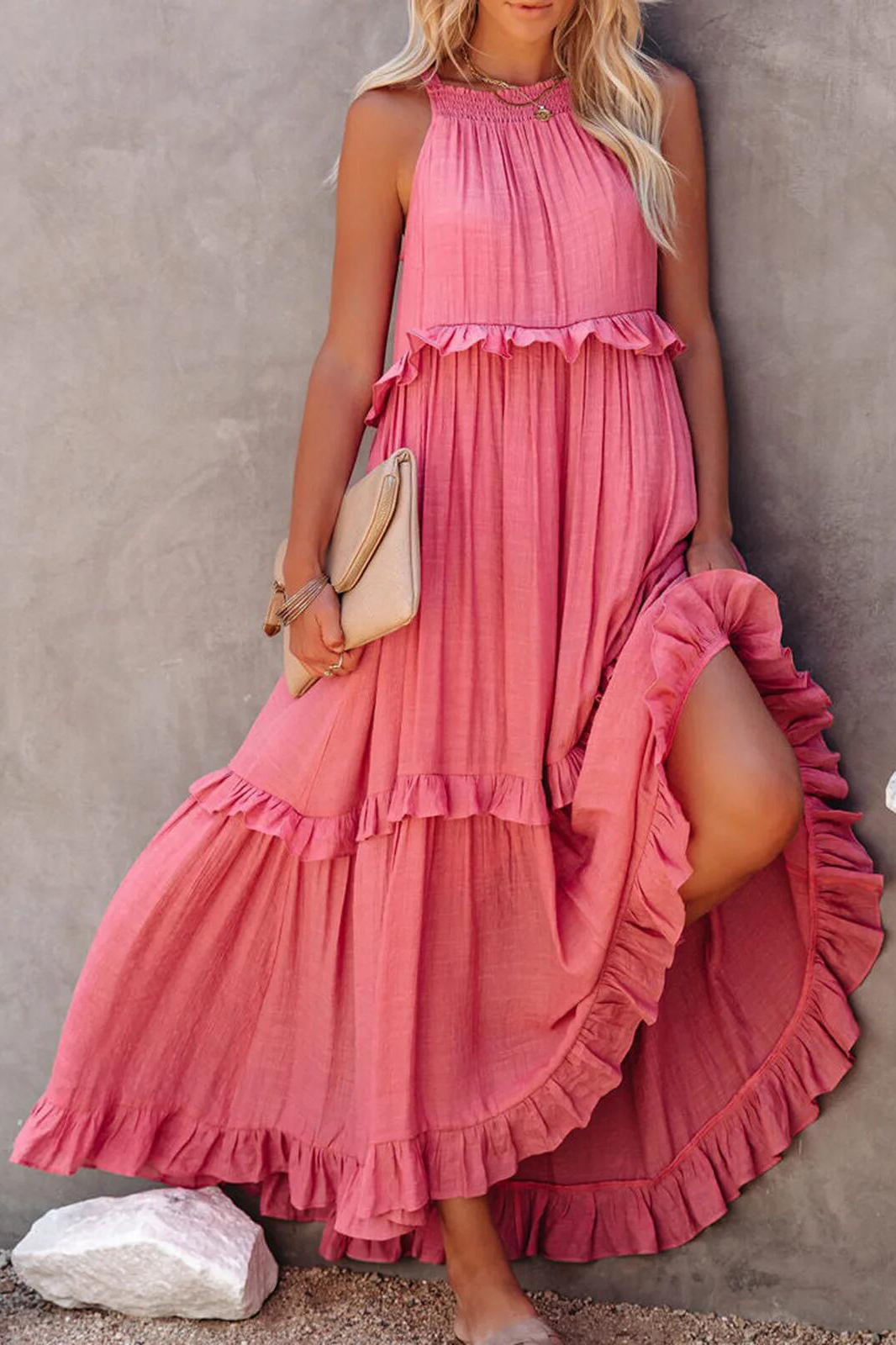 Women Casual Solid Ruffles Long Dress Summer Elegant Sleeveless Sundress Elegant Harajuku Maxi Dress Beach Party Evening Vestido