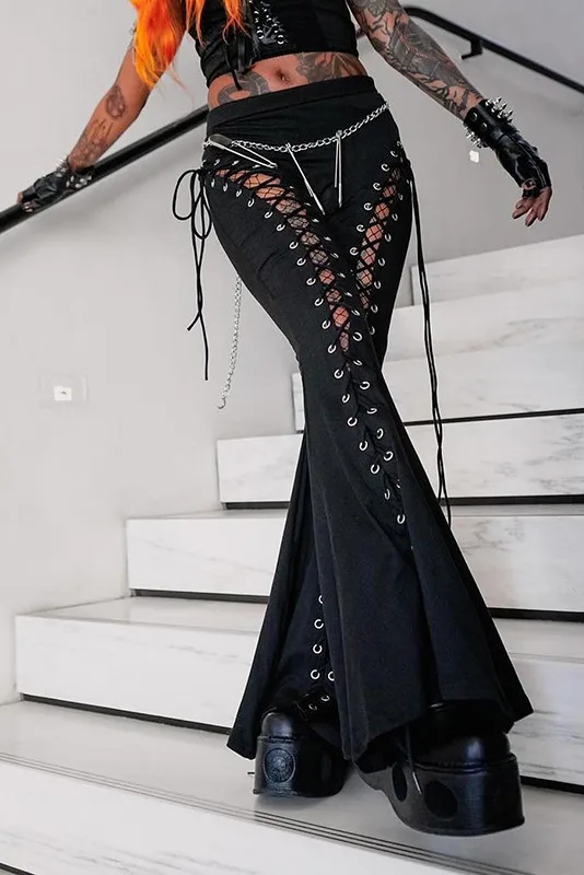 Sexy Punk Flared Pants Long Trouser Women Lace Up Front Hollow Cut Out Bell Bottom Tied Up High Waist Streetwear ﻿