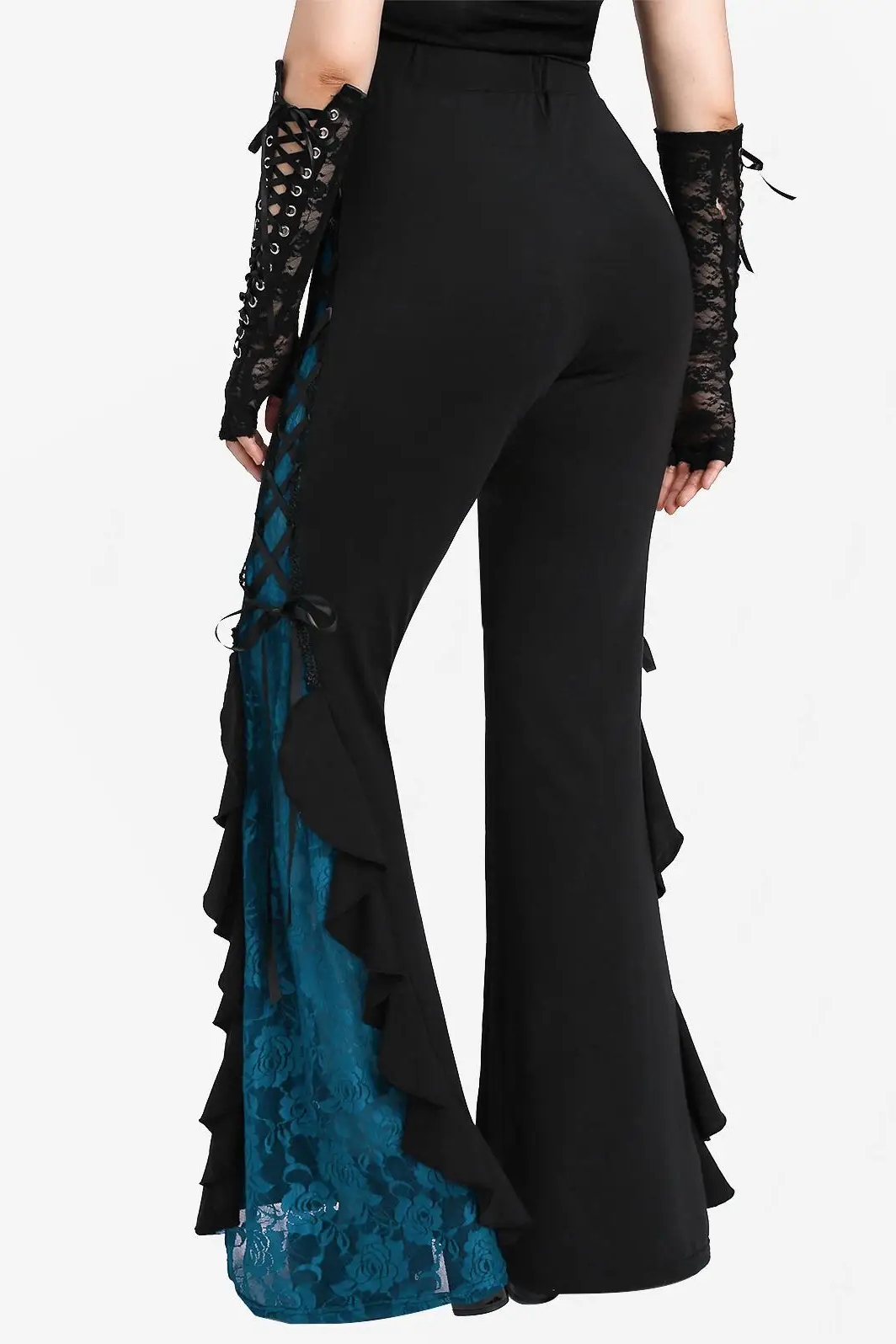 Gothic Lace Panel Lace-up Ruffle Flare Pant Women Streetwear Elastic Waist Pull On Pant Colorblock Bell Bottom