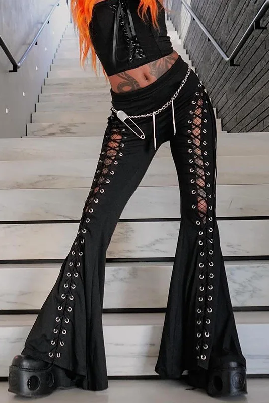 Sexy Punk Flared Pants Long Trouser Women Lace Up Front Hollow Cut Out Bell Bottom Tied Up High Waist Streetwear ﻿