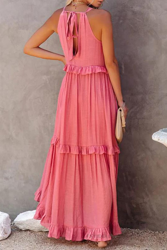 Women Casual Solid Ruffles Long Dress Summer Elegant Sleeveless Sundress Elegant Harajuku Maxi Dress Beach Party Evening Vestido