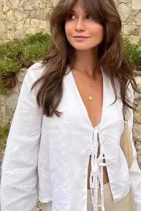 Loose Lace Up Bow Shirt Women Elegant V Neck Long Flare Sleeve Lady Simple High Street Female Tops