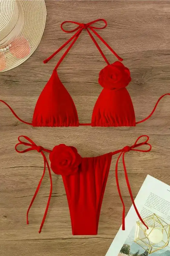 Sexy 3D Flowers Halter Strappy Bikini Women Swimwear Female Swimsuit Two-pieces Bikini Set Bather Bathing Suit Swim