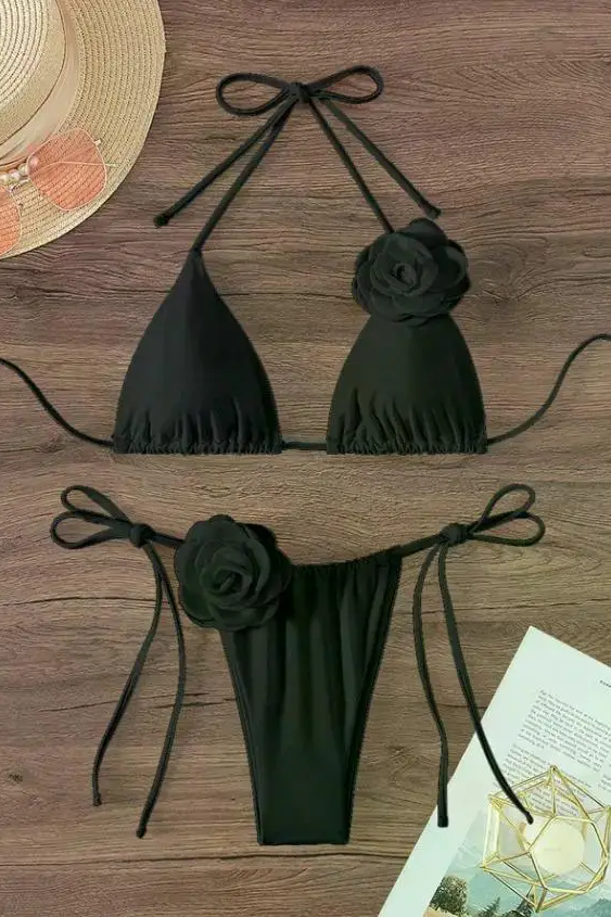 Sexy 3D Flowers Halter Strappy Bikini Women Swimwear Female Swimsuit Two-pieces Bikini Set Bather Bathing Suit Swim