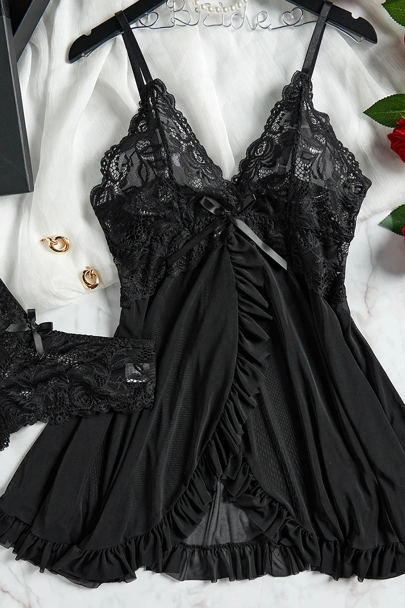 Sexy Lingerie Set Women Erotic Bra Nightdress Sexy Lace Sleepwear Solid Slim Soft Dresses V Neck Full Slip Sleepwear & Dresses
