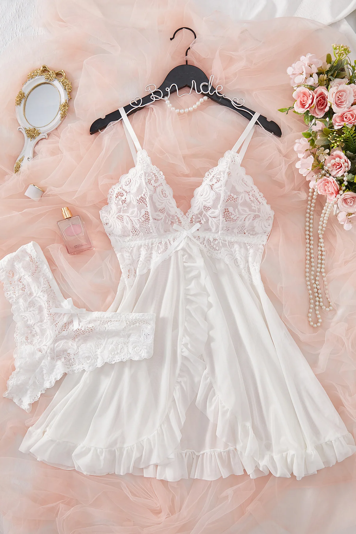 Sexy Lingerie Set Women Erotic Bra Nightdress Sexy Lace Sleepwear Solid Slim Soft Dresses V Neck Full Slip Sleepwear & Dresses