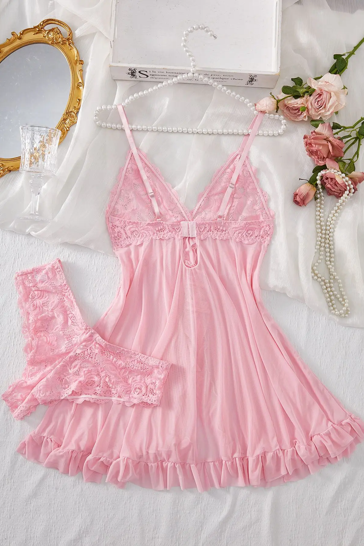 Sexy Lingerie Set Women Erotic Bra Nightdress Sexy Lace Sleepwear Solid Slim Soft Dresses V Neck Full Slip Sleepwear & Dresses