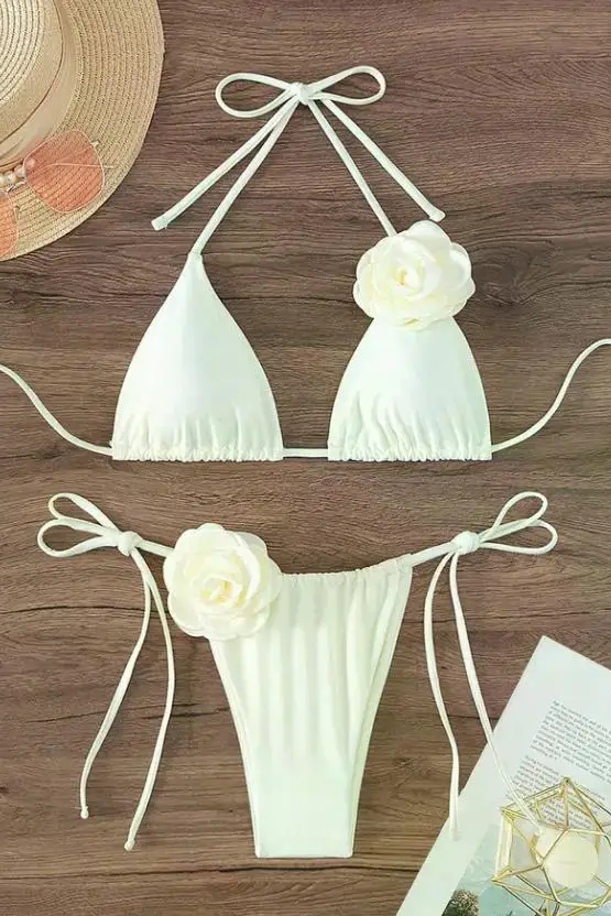 Sexy 3D Flowers Halter Strappy Bikini Women Swimwear Female Swimsuit Two-pieces Bikini Set Bather Bathing Suit Swim