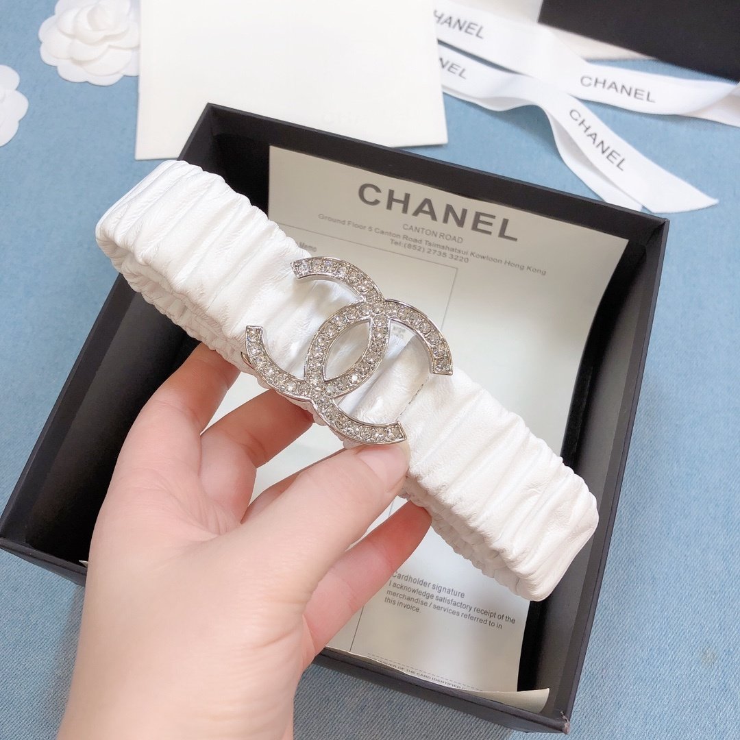 Chanel Belt Double C Buckle White Silver-Toned Hardware and Strass Women Belt 30MM