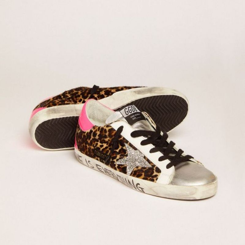 Golden Goose GGDB Super-Star sneakers in leopard-print pony skin with silver glitter star