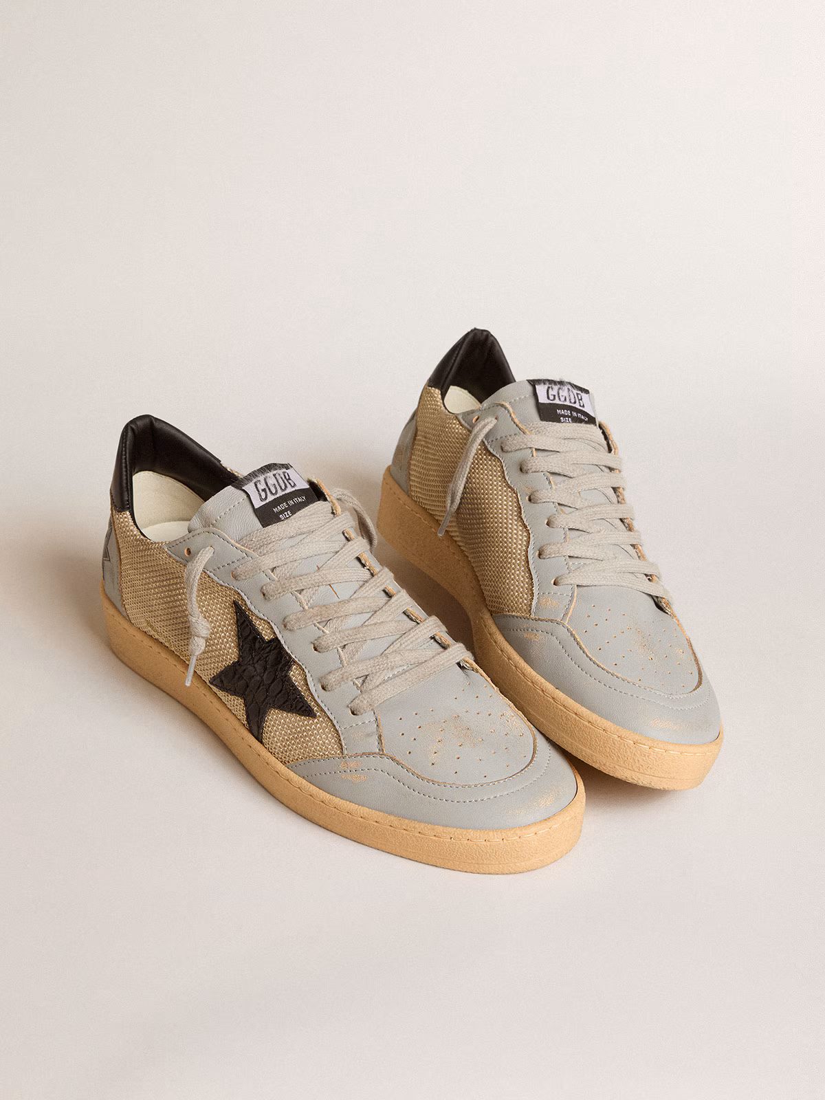 Golden Goose GGDB Men's Ball Star LTD in beige mesh with croc-print leather star and nappa inserts