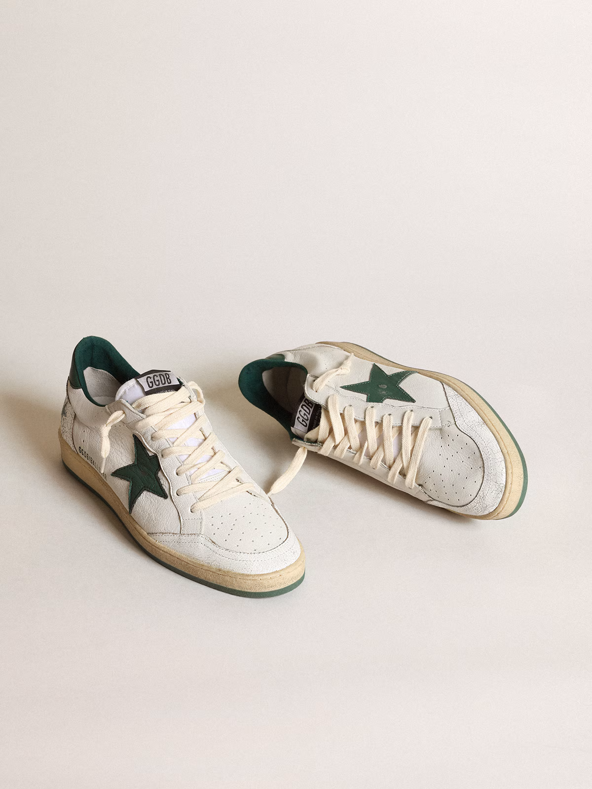 Golden Goose GGDB Women's Ball Star in white nappa leather with green leather star and heel tab