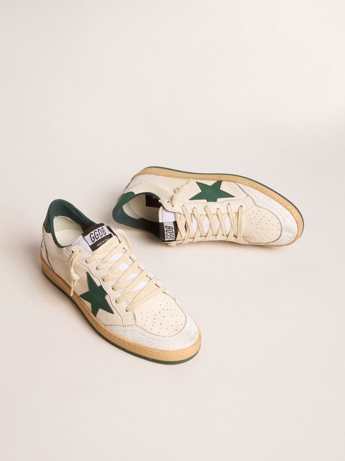 Golden Goose GGDB Men's Ball Star Wishes in white nappa leather with green leather star and heel tab