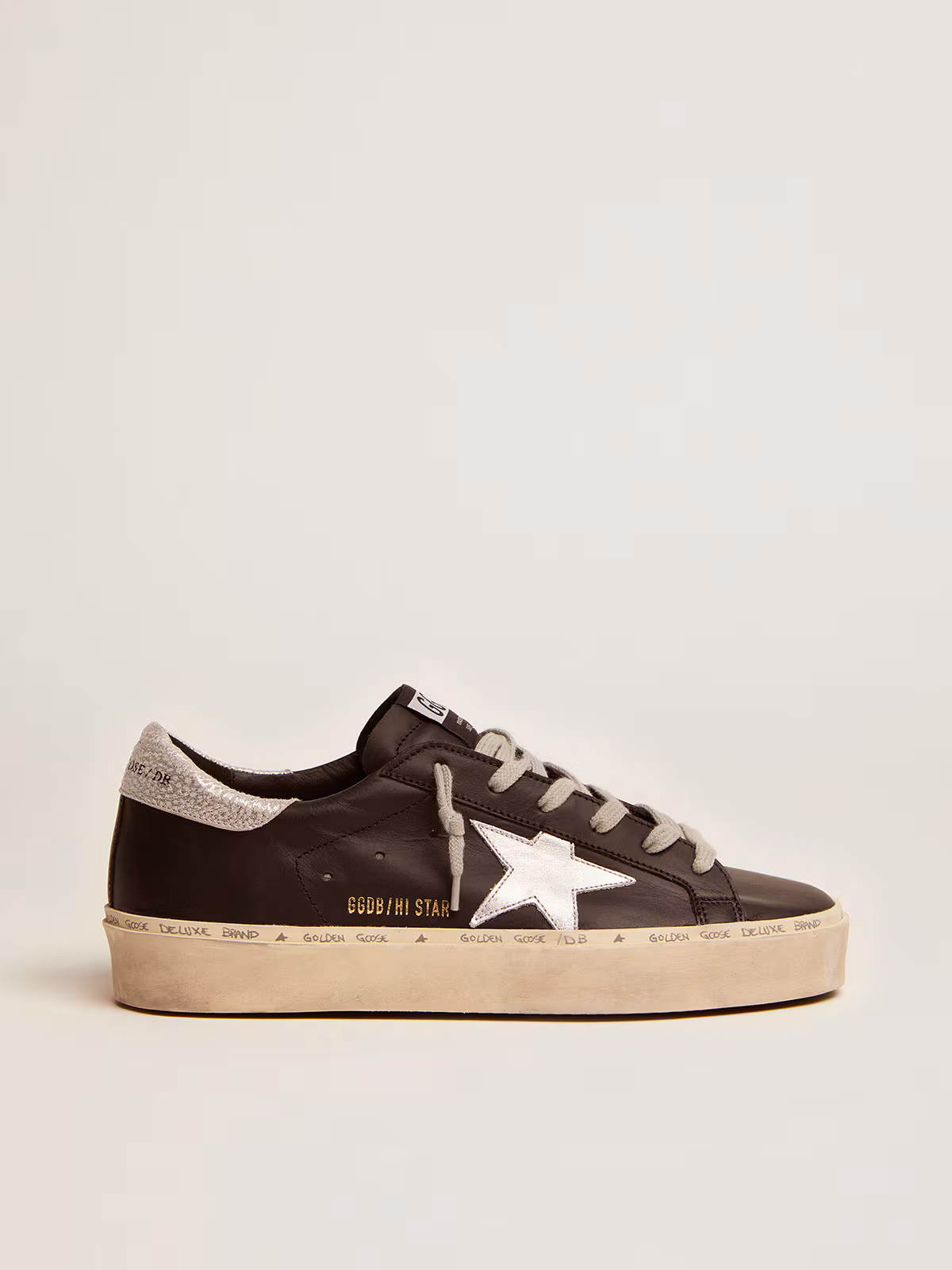 Golden Goose GGDB Women's Hi Star in black leather with silver laminated leather star