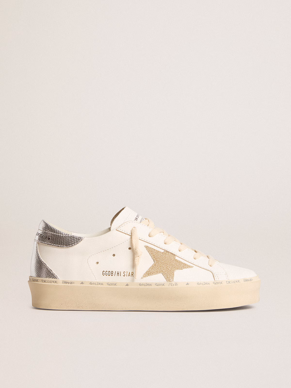Golden Goose GGDB Hi Star with gold glitter star and lizard-print leather heel tab