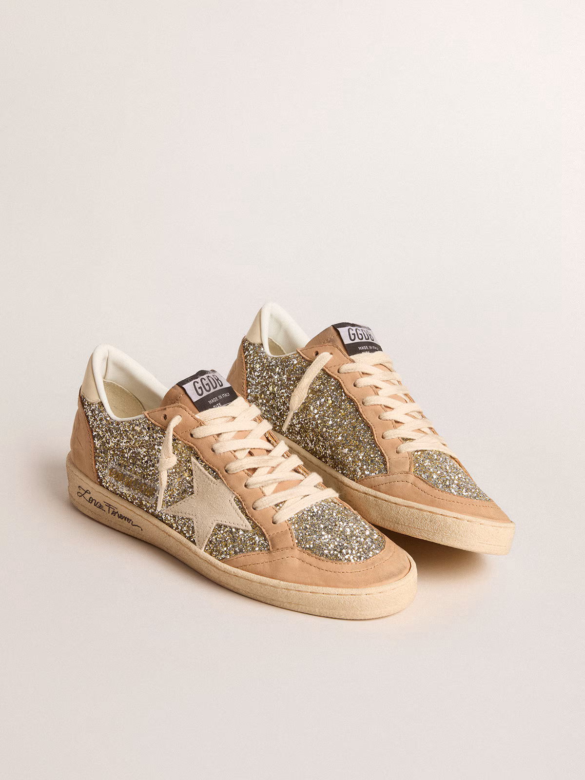 Golden Goose GGDB Women's Ball Star in platinum glitter with cream leather star and nubuck toe