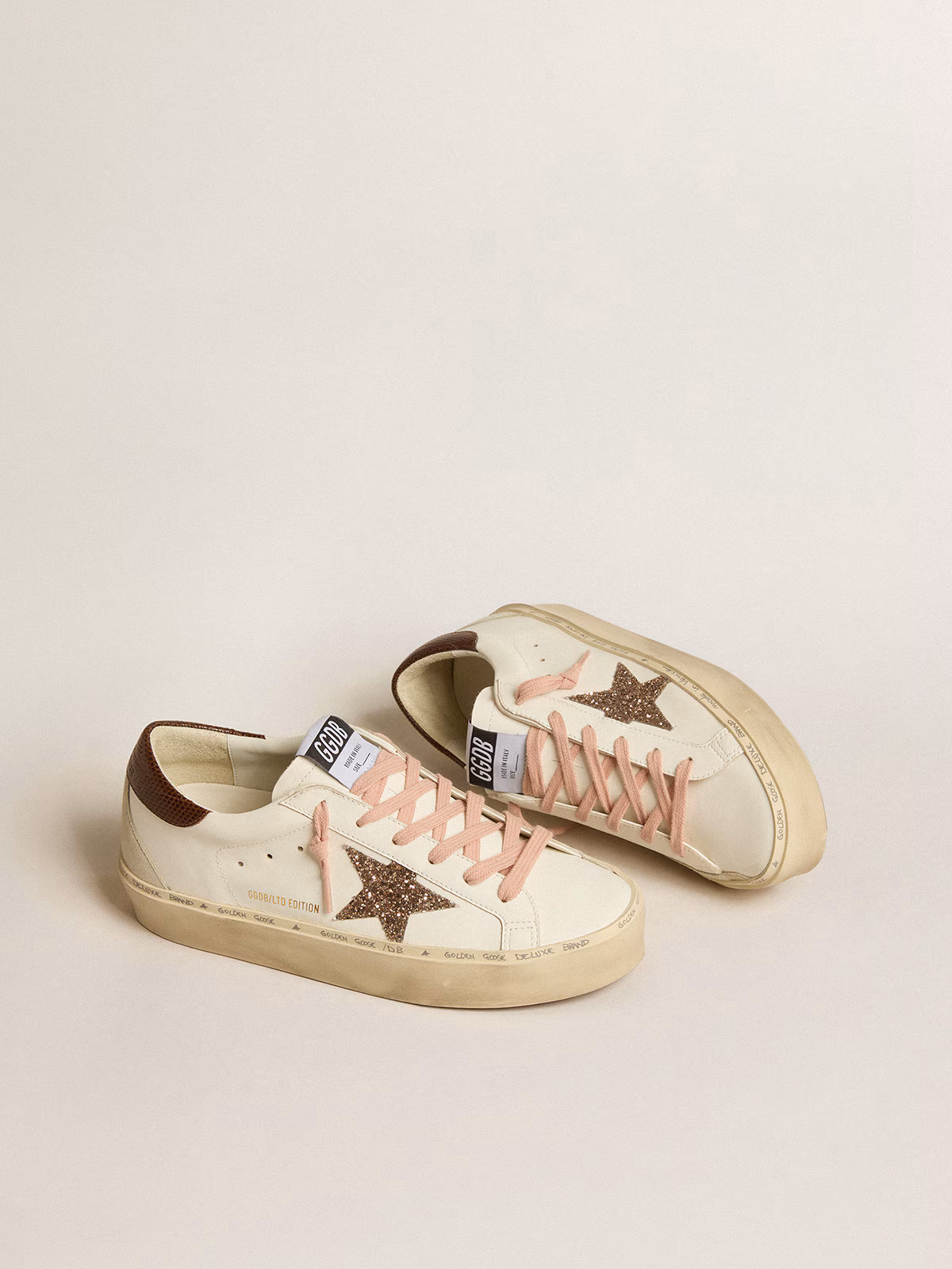 Golden Goose GGDB Women's Hi Star LTD with glitter star and brown lizard-print heel tab
