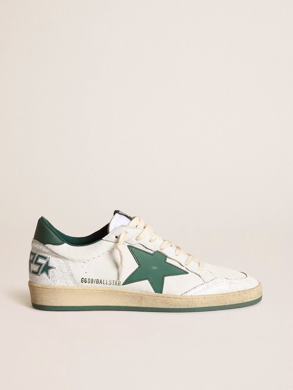 Golden Goose GGDB Men's Ball Star in white nappa leather with green leather star and heel tab