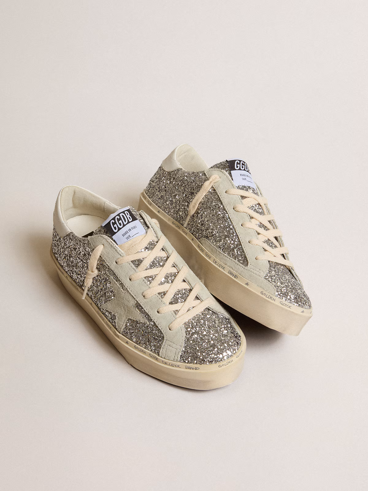 Golden Goose GGDB Women's Hi Star in silver glitter with suede star and white heel tab
