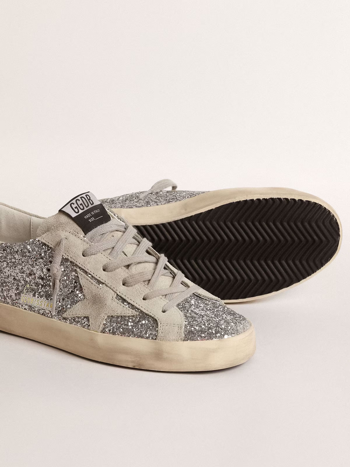 Golden Goose GGDB Women's Super-Star in silver glitter with ice-gray suede star