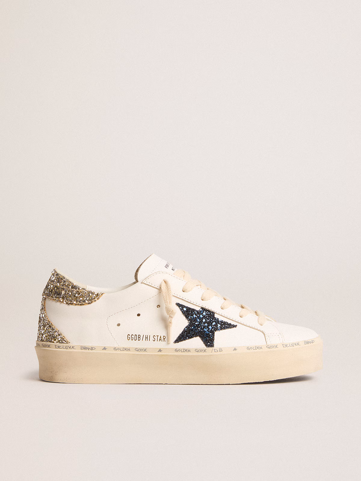 Golden Goose GGDB Women's Hi Star with blue glitter star and platinum glitter heel tab
